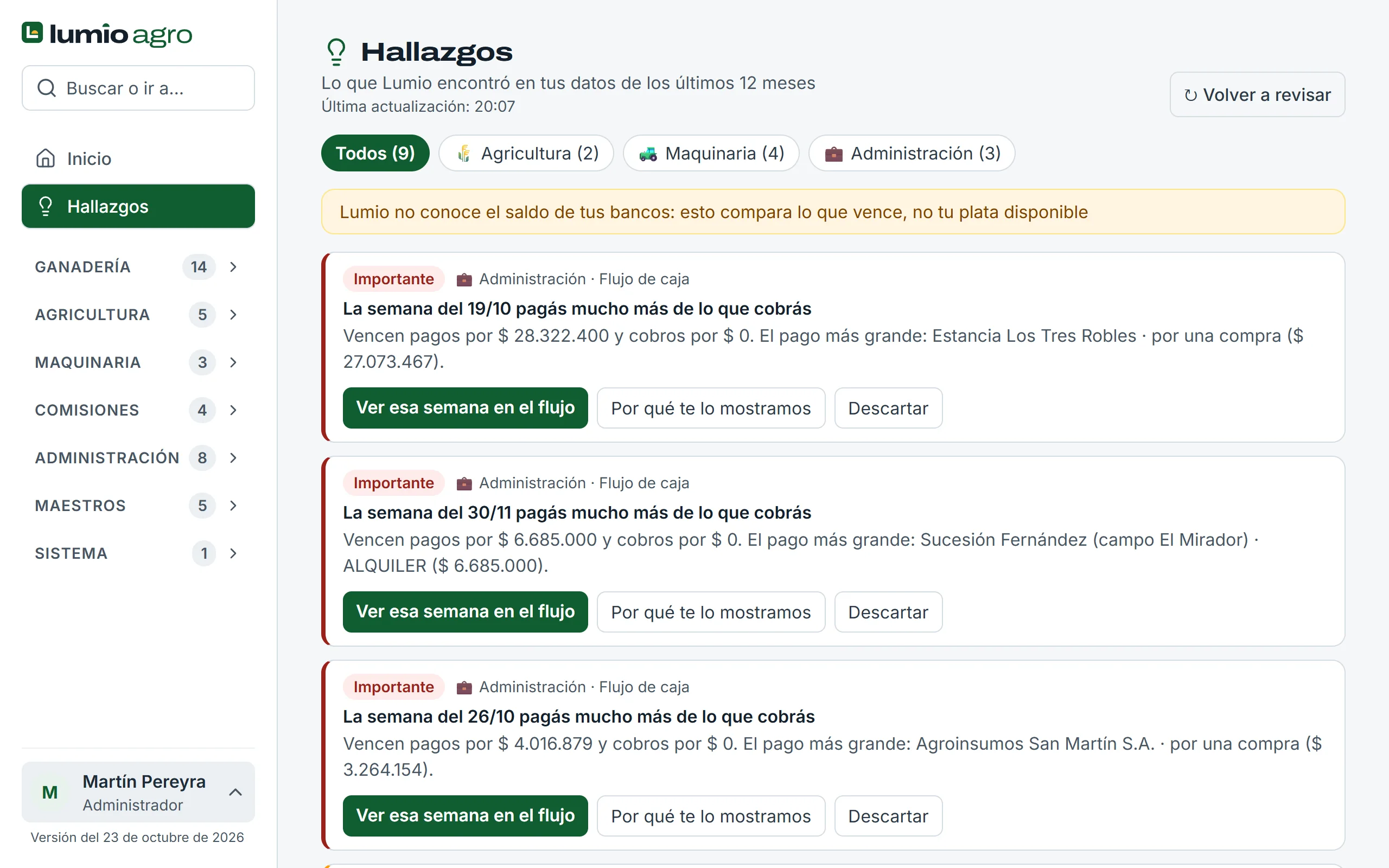 Hallazgos: avisos sobre los datos del campo