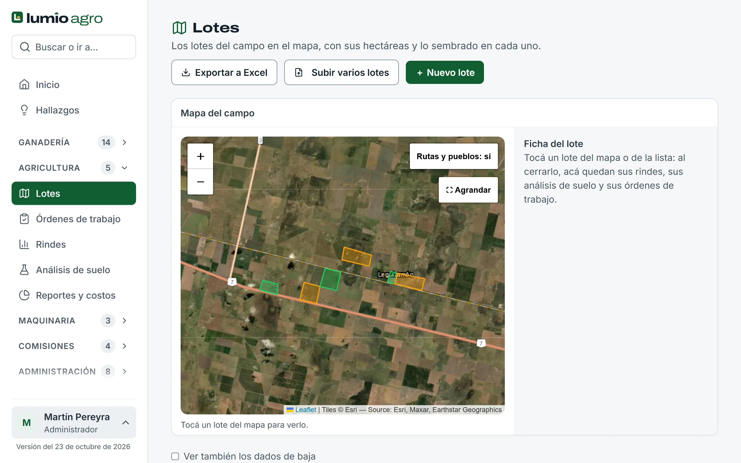 Los lotes del campo sobre el mapa satelital