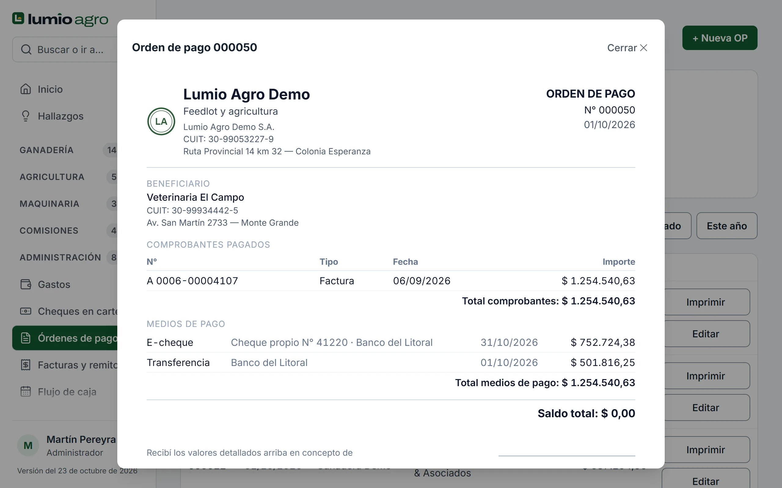 Orden de pago lista para imprimir y firmar